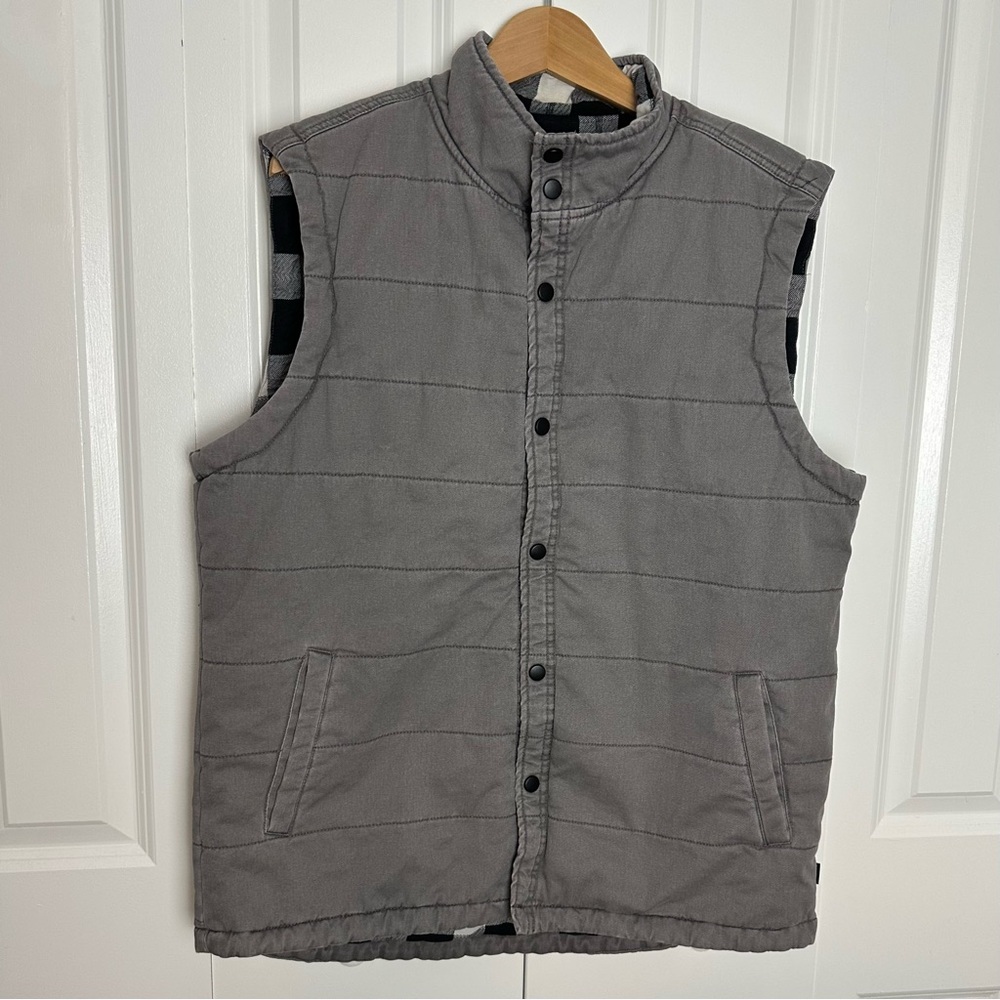 Union Men’s Quilted Vintage Twill Gray Button Up Vest Plaid Lining Size XL